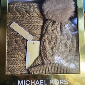 Michael Kors Golden Brown Knit Beanie and Scarf Set